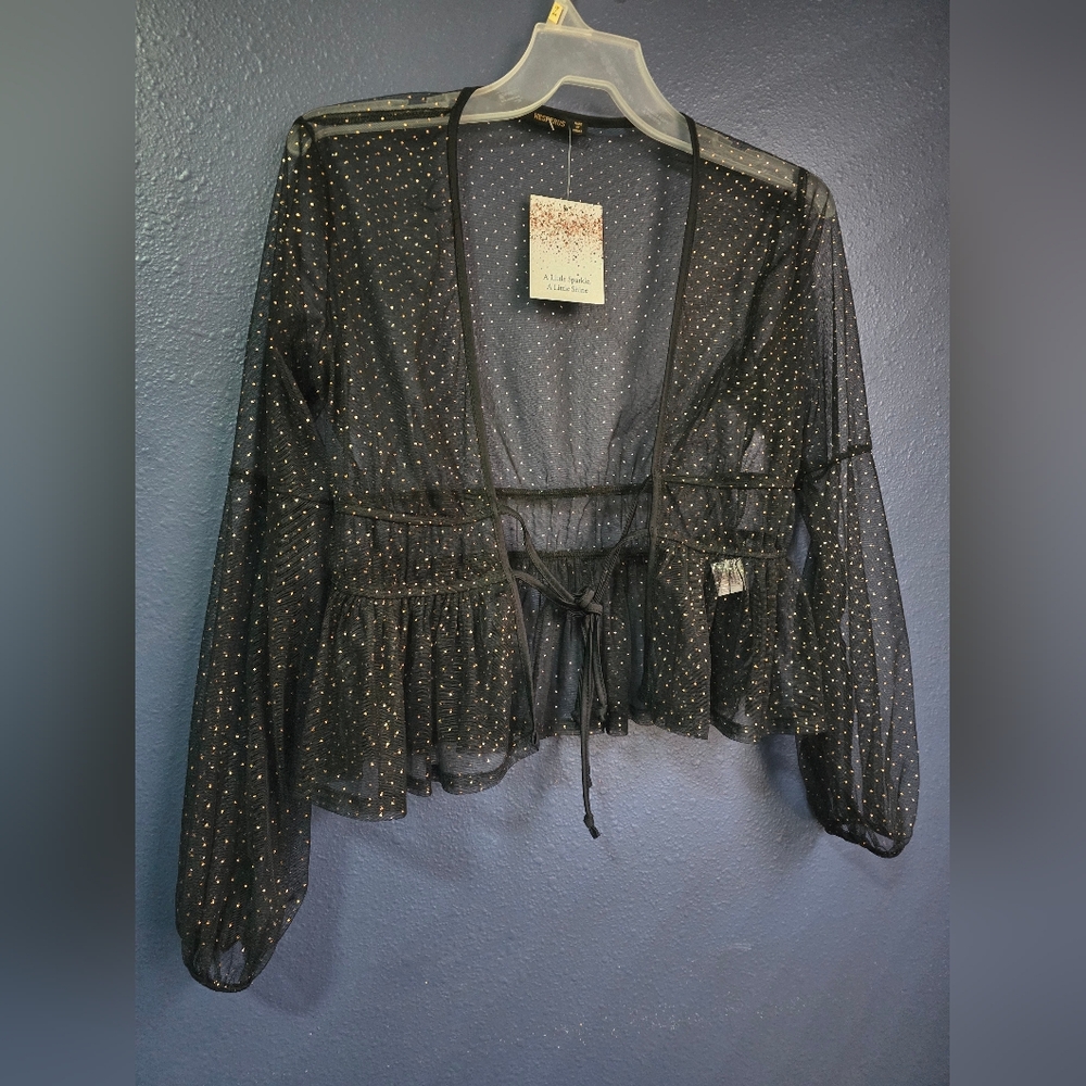 NWT Hesperus Women's size Medium Black With Gold Dot Mesh Blouse